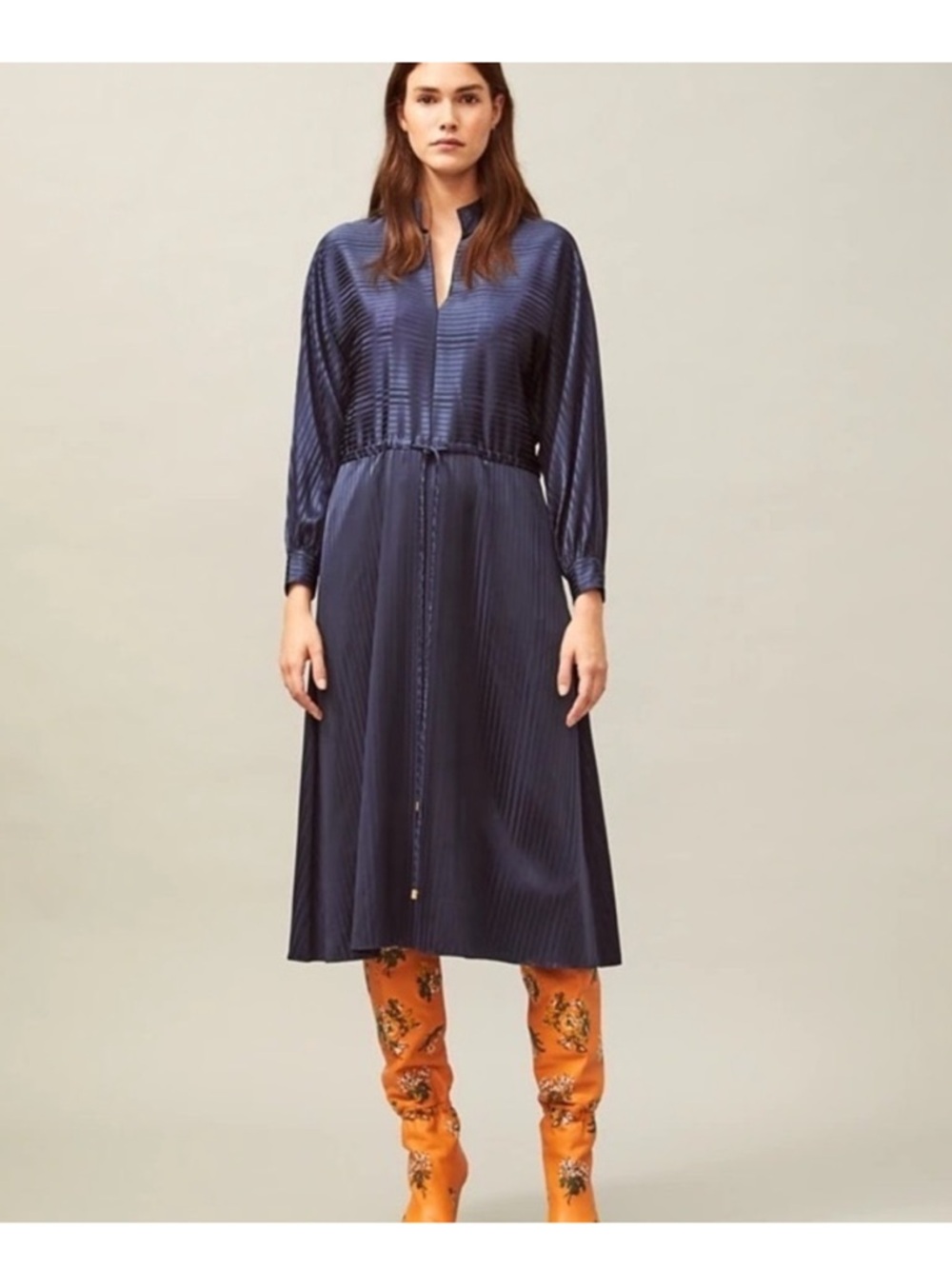 Tory Burch Striped Long Sleeve Drawstring Silk Blend Midi Dress Navy Blue XS